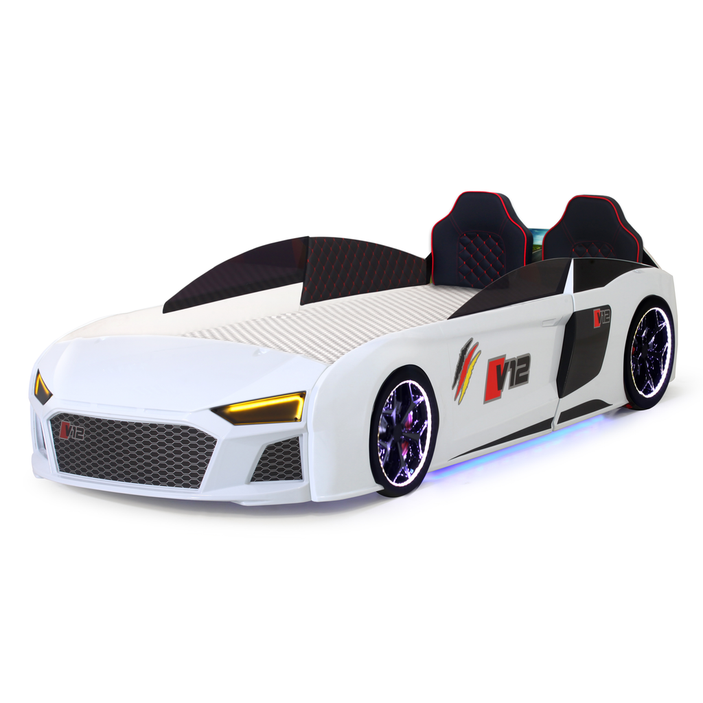 White V12 Racer Bed with black accents and glowing wheels for sporty bedroom decor