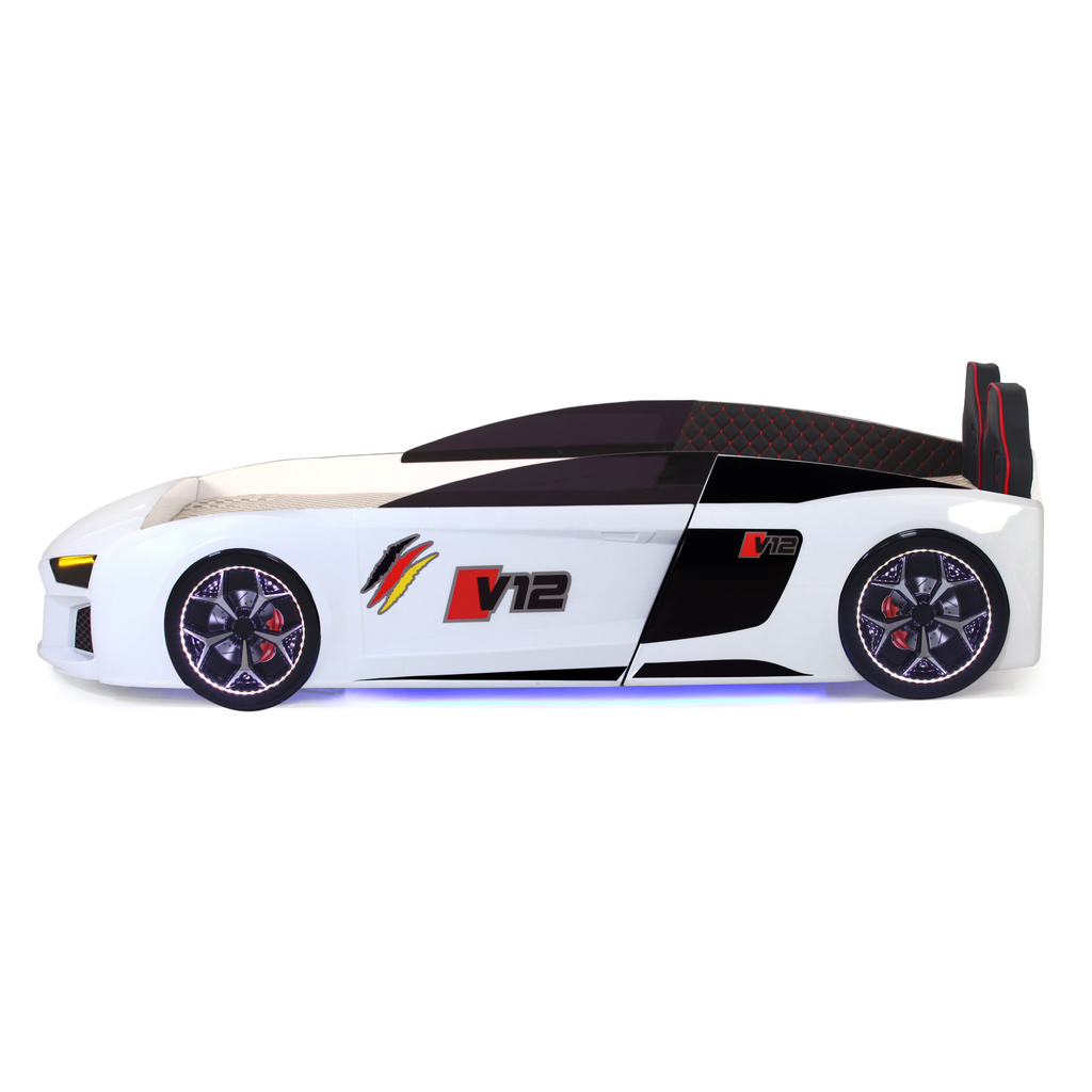 White V12 Racer Bed with black accents and blue underglow lighting for Lynda Kids