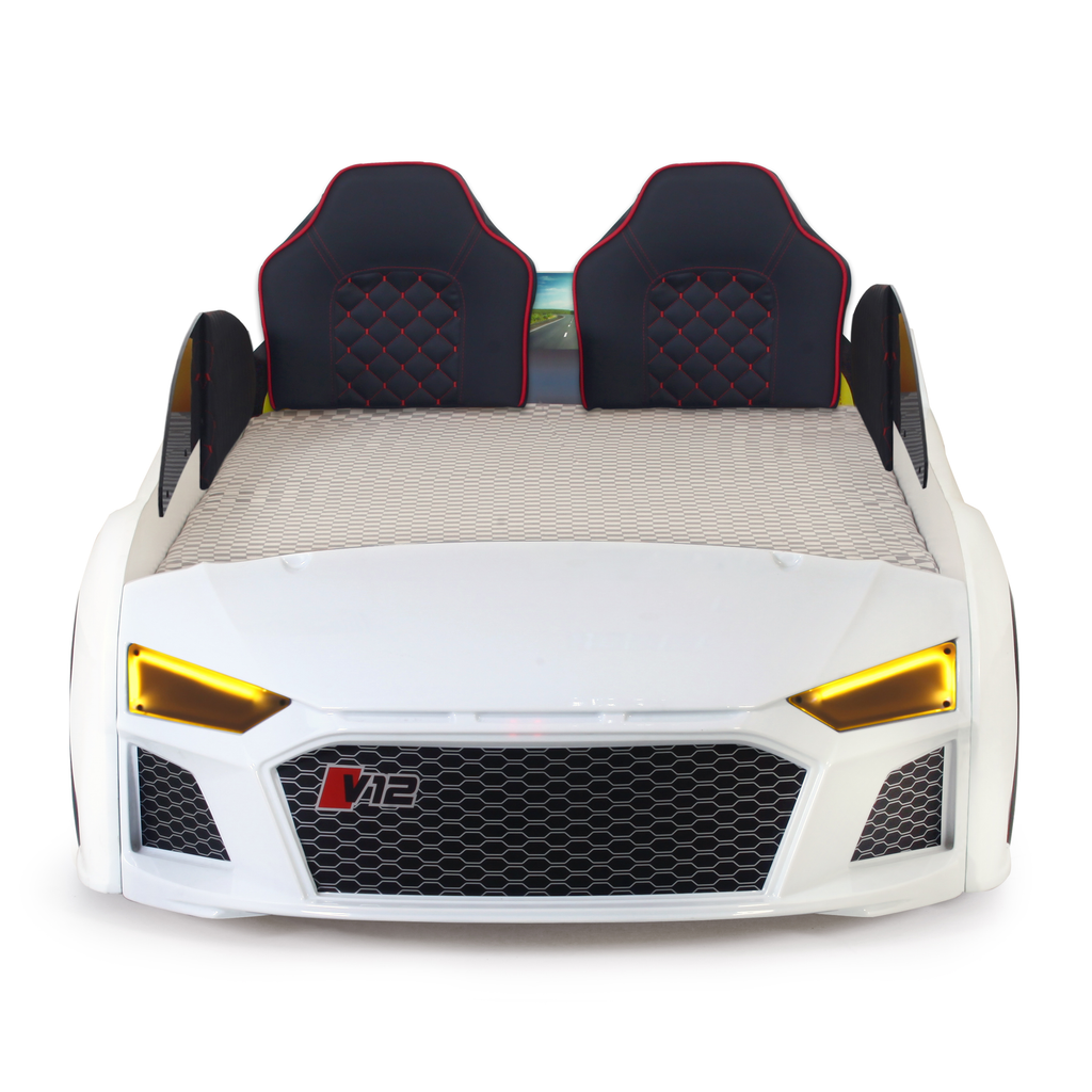 White V12 Racer Bed shaped like a race car with two black headrests for kids’ bedroom