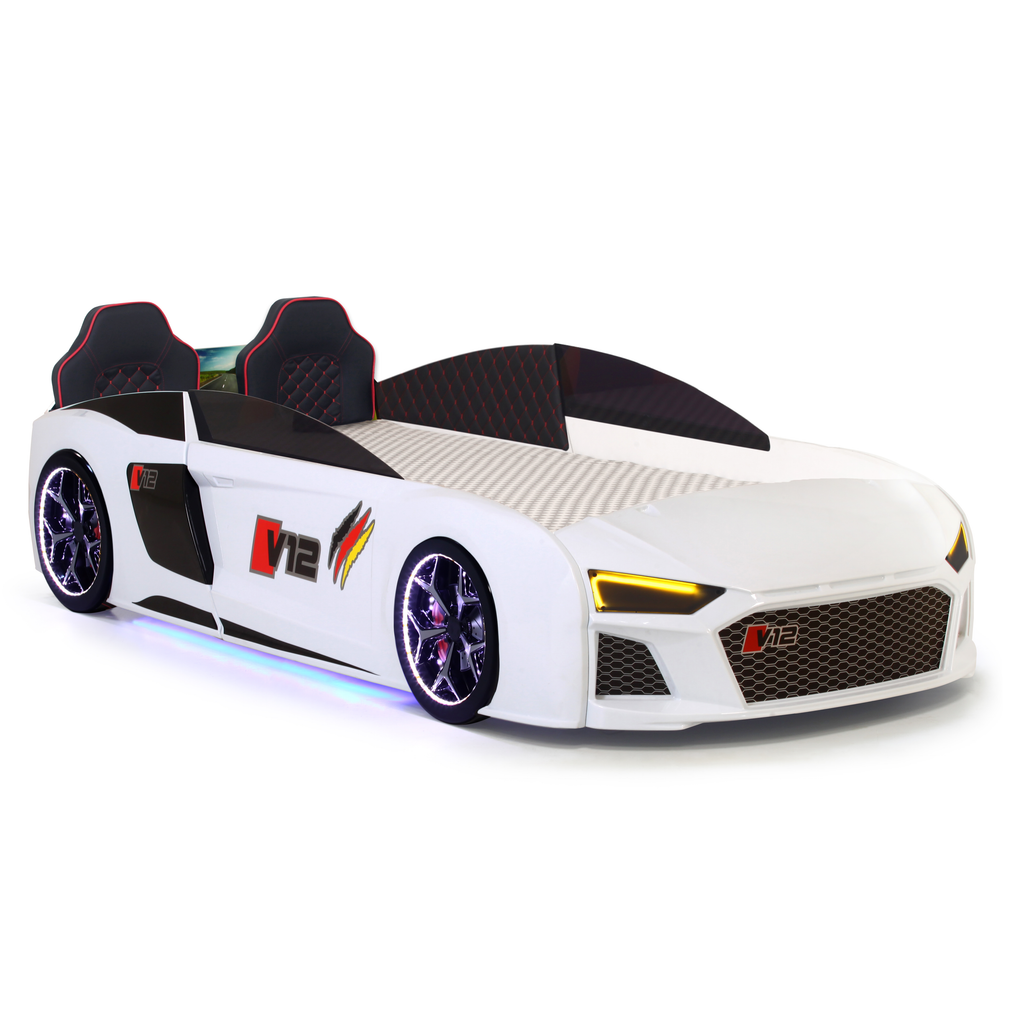 V12 Racer Bed for Kids featuring a white race car design with black and red accents