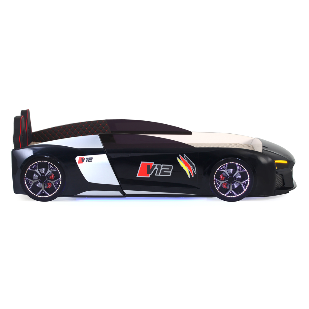 V12 Racer Bed by Lynda Kids, black and white race car-shaped bed with red accents