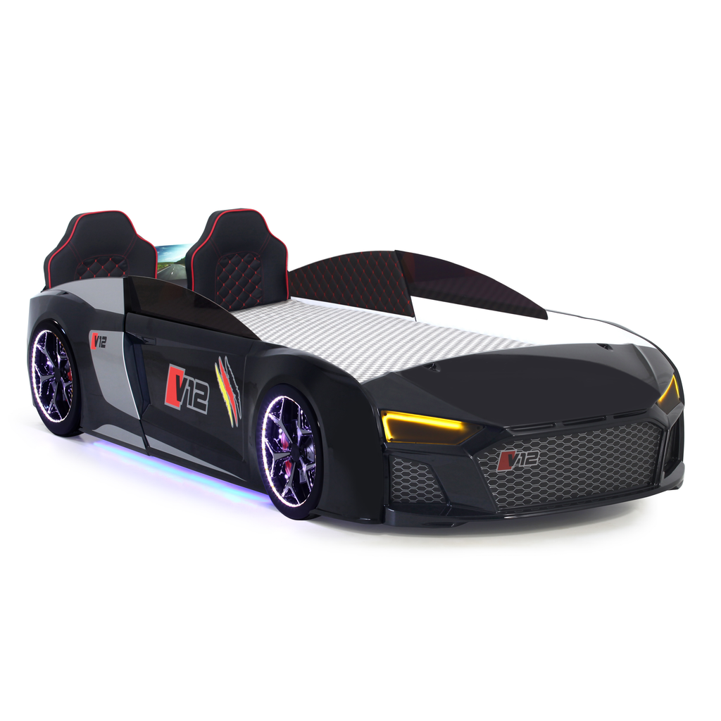 Black V12 Racer Bed with glowing wheels and headlights for a sporty racer bed look