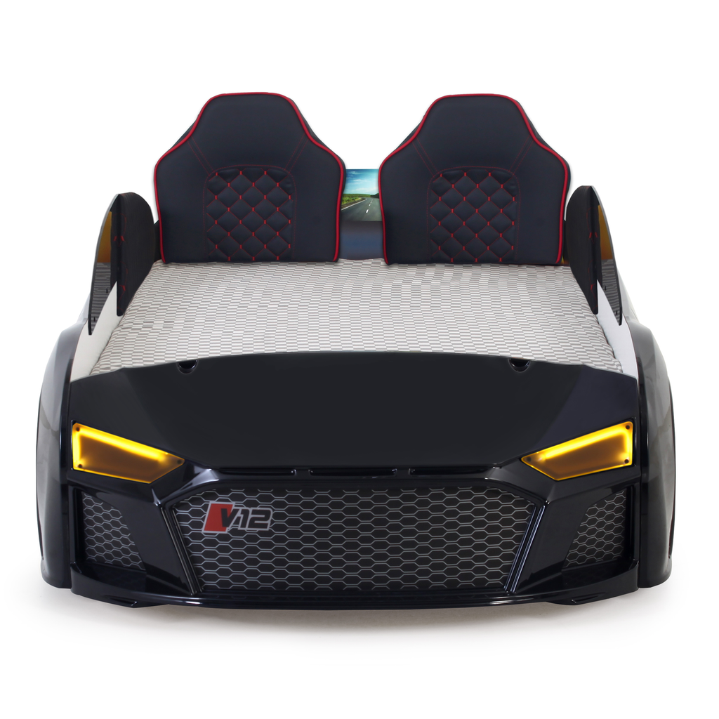 Black V12 Racer Bed shaped like a race car with two headrests and yellow headlights