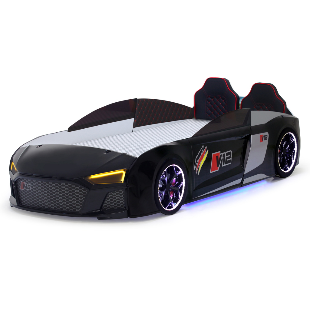 V12 Racer Bed for Kids with black silver race car design illuminated wheels headlights
