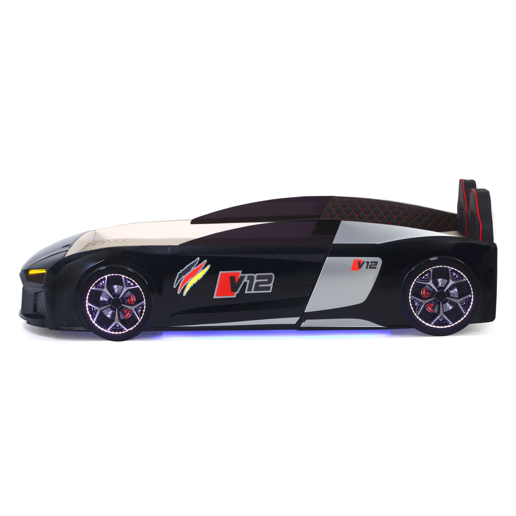 Black and silver V12 Racer Bed frame with red accents and blue underglow lighting