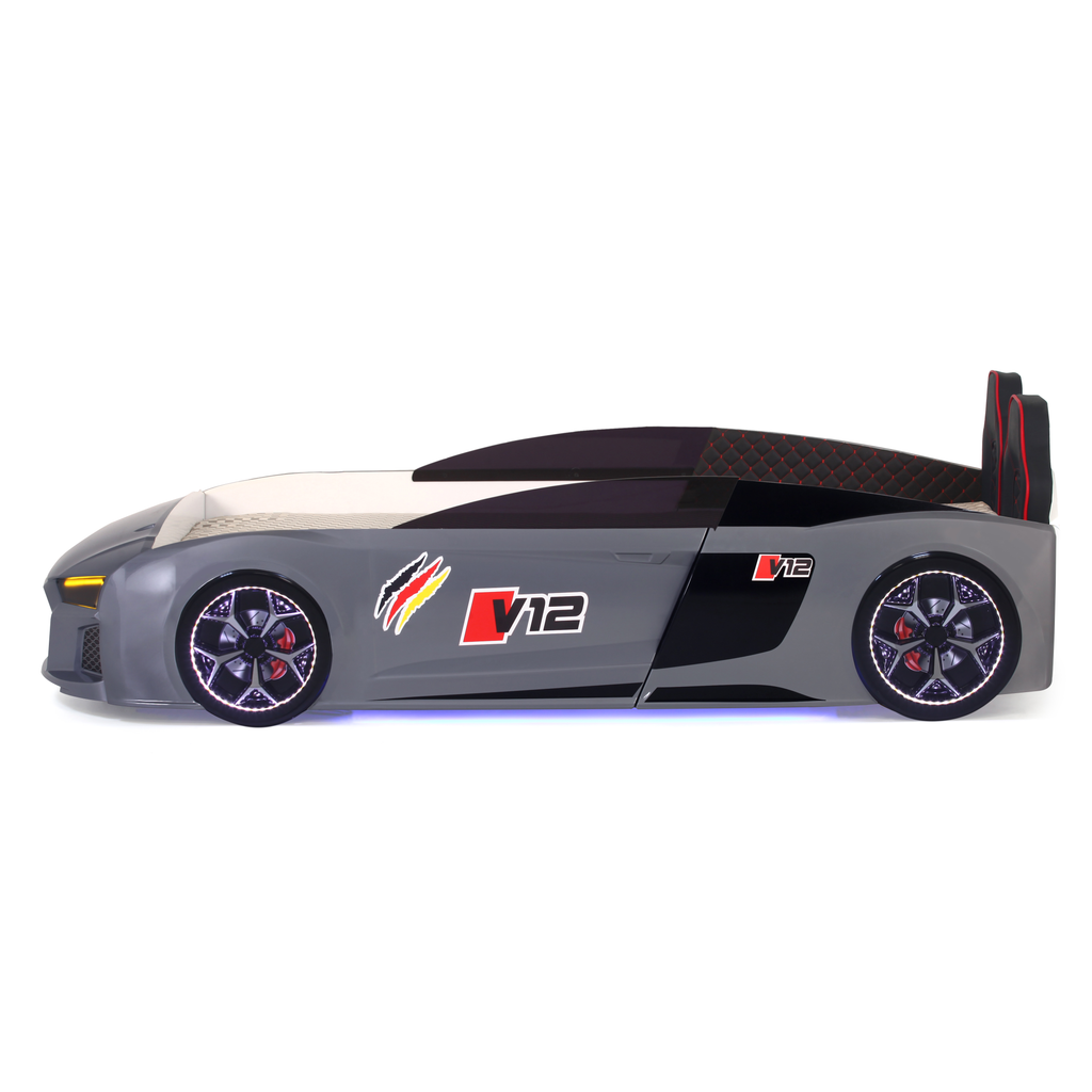 Grey V12 Racer Bed with sports car shape, red and black accents for kids’ racer bed