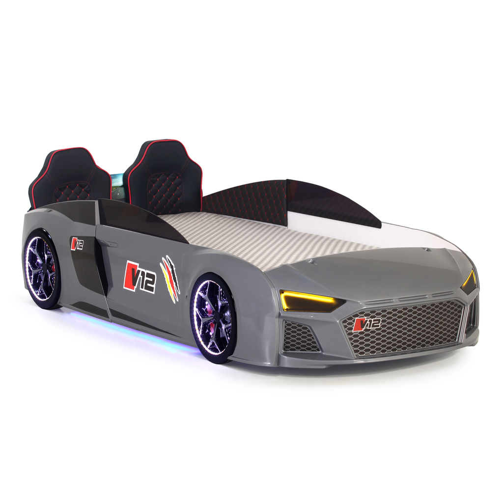 Gray V12 Racer Bed with illuminated wheels and race car-inspired design