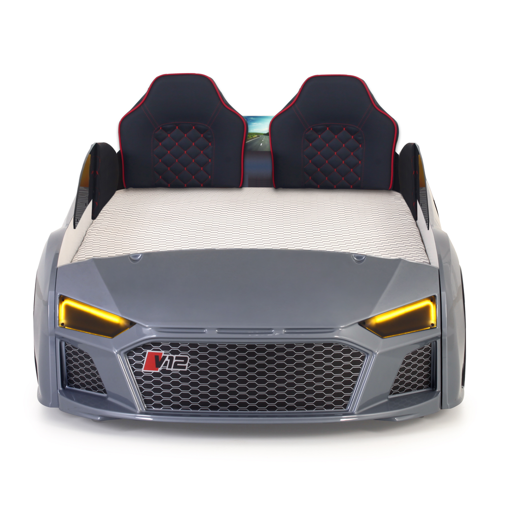 Gray V12 Racer Bed with two black headrests for kids from Lynda Kids