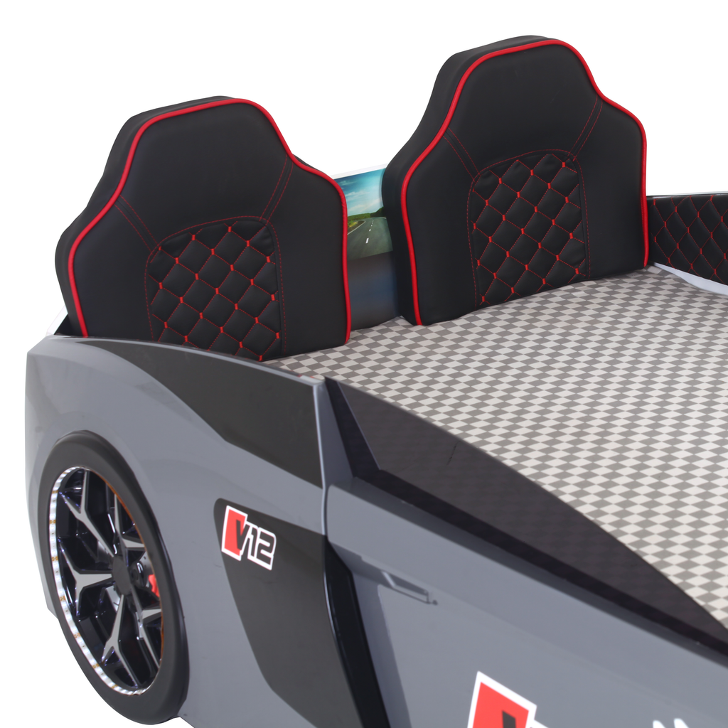 V12 Racer Bed designed as a grey sports car with racing seats and checkered mattress