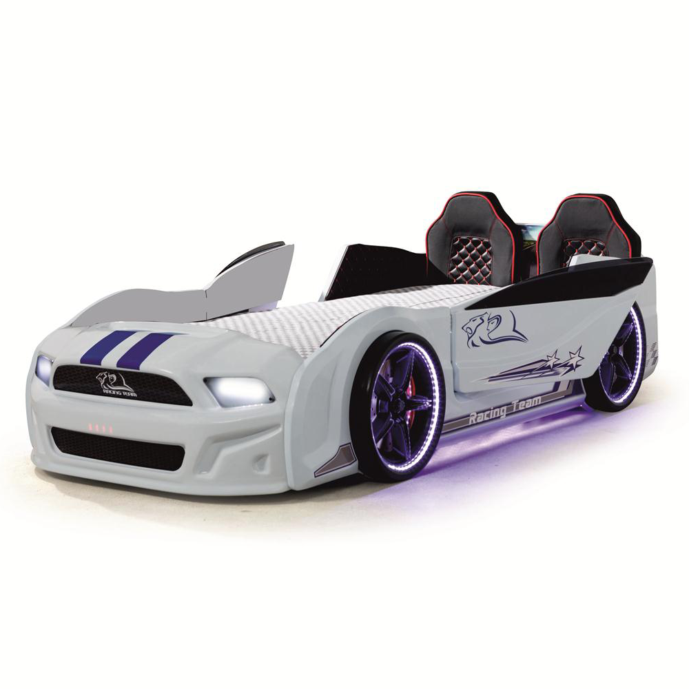 Muscle Racer Bed featuring a white race car design with glowing purple lights and racing seats