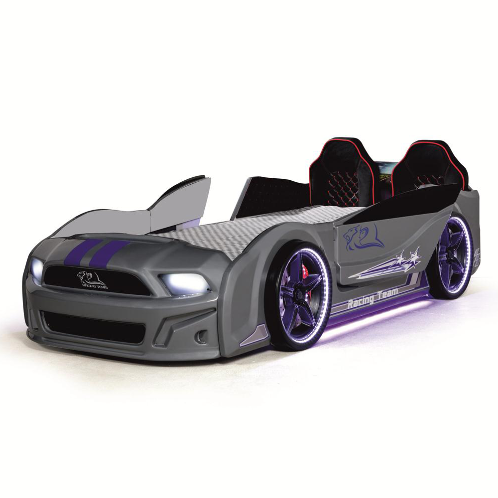 Gray muscle racer bed with purple racing stripes and LED lights, perfect car bed for kids