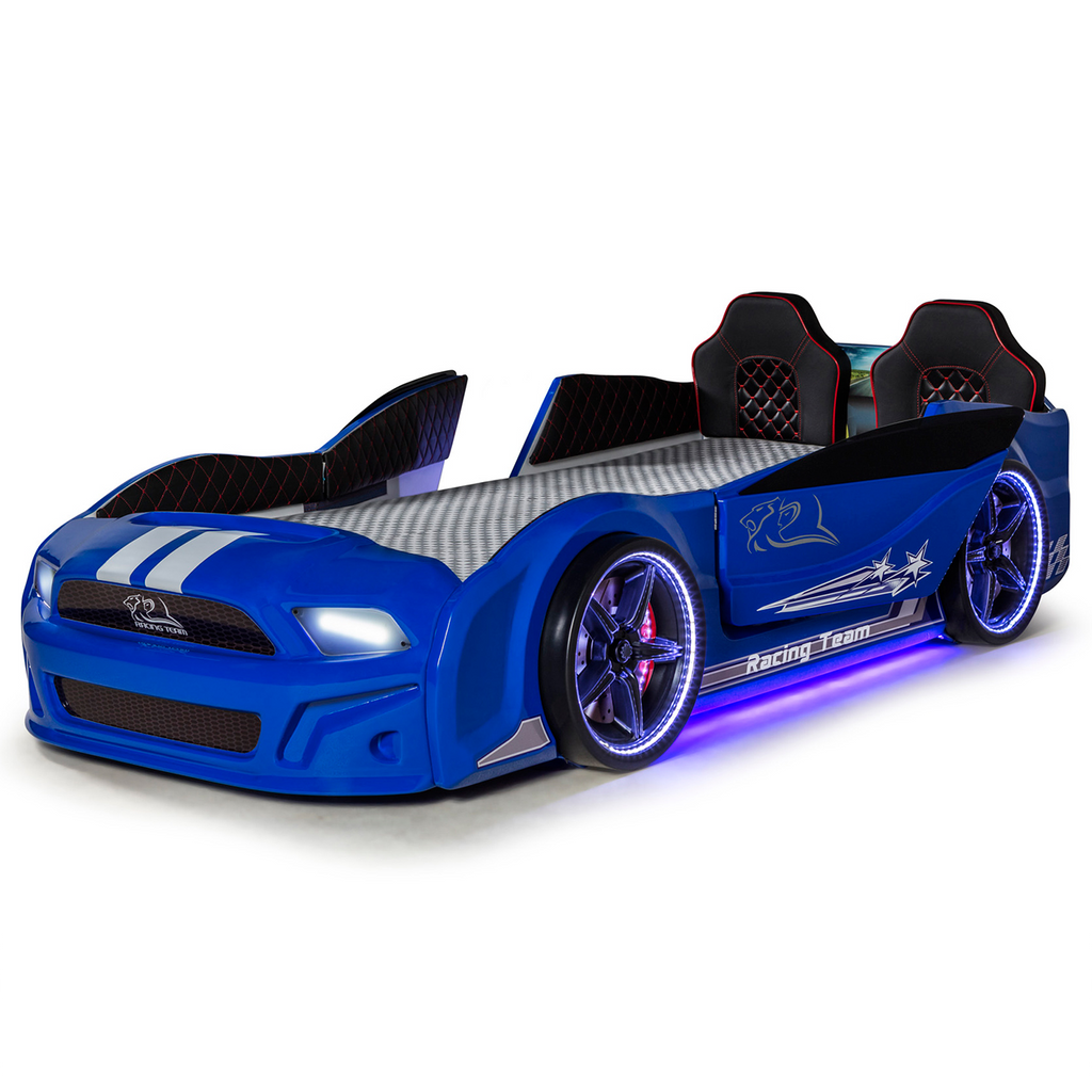 Blue Muscle Racer Bed with Glowing Wheels and Side Lights, Perfect Car Bed for Kids