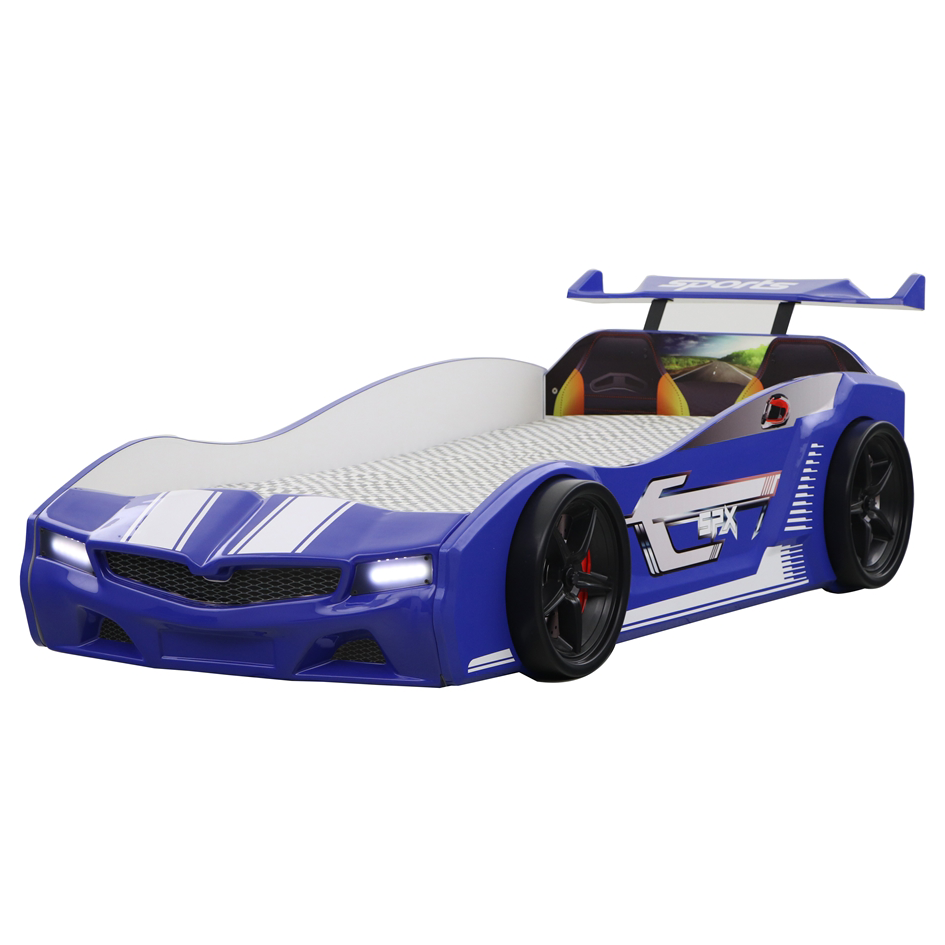 Blue race car-shaped twin bed with white racing stripes for Lynda Kids Thunder Racer Bed