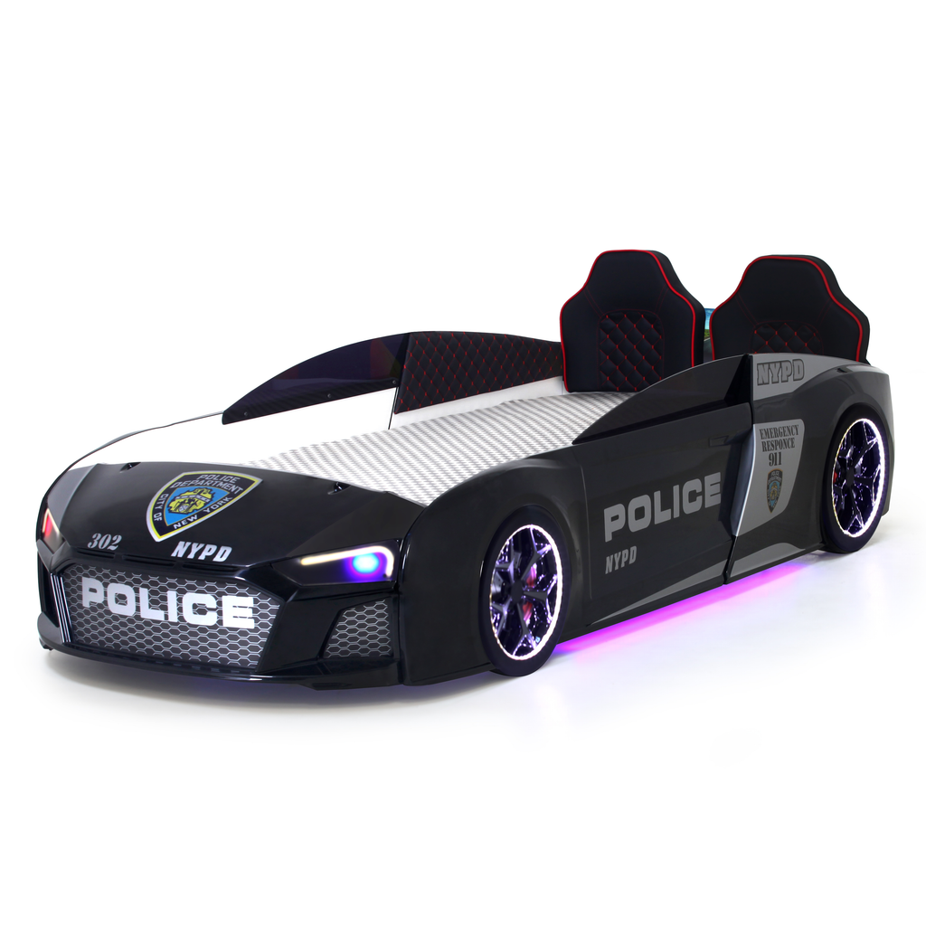 V12 Police Car Bed with black and white police car design, purple underglow lighting