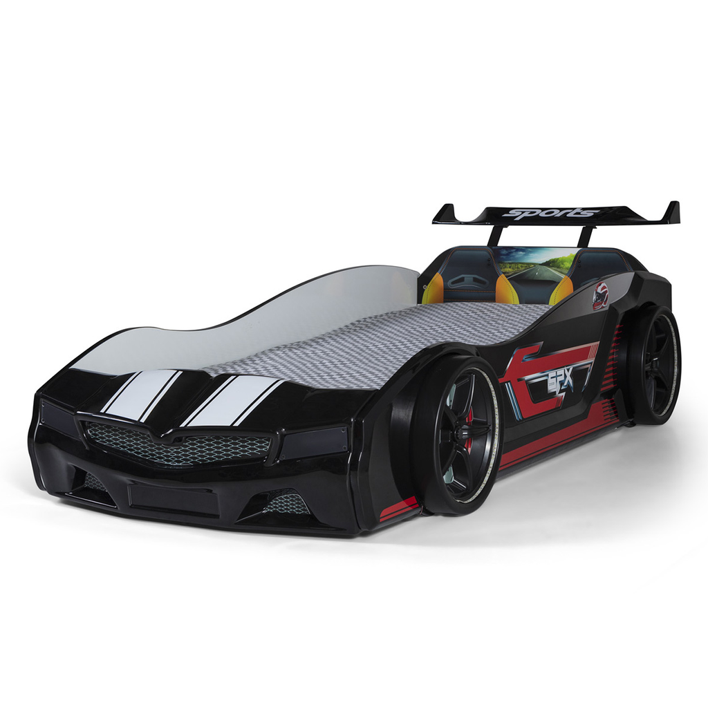 Thunder Racer Bed featuring black and red race car design with white racing stripes