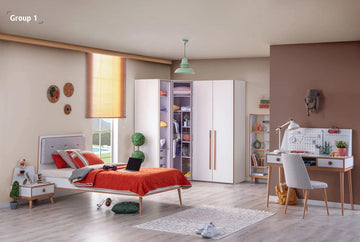 Modern bedroom with Retro Set 1 featuring a single bed with orange bedding and white furniture
