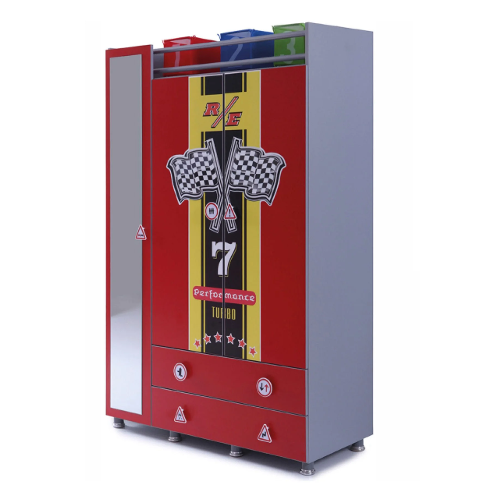 Redline GT Racer Armoire for kids with racing flag design and two drawers