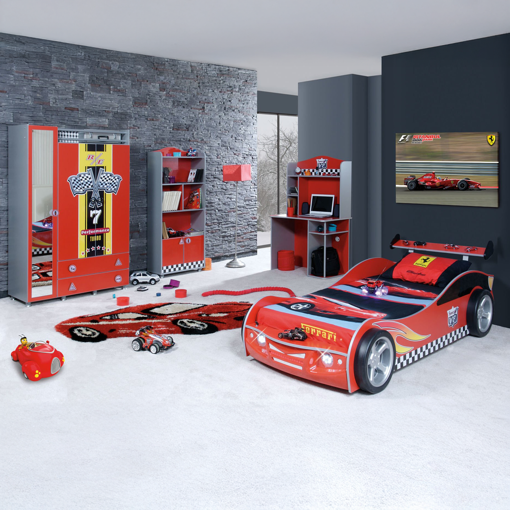 Redline GT Racer kid’s bedroom set with racer bookcase, car-shaped bed, wardrobe, and desk