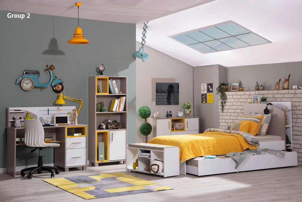 Vibrant youth bedroom set with bed desk and storage units Torino Set 2