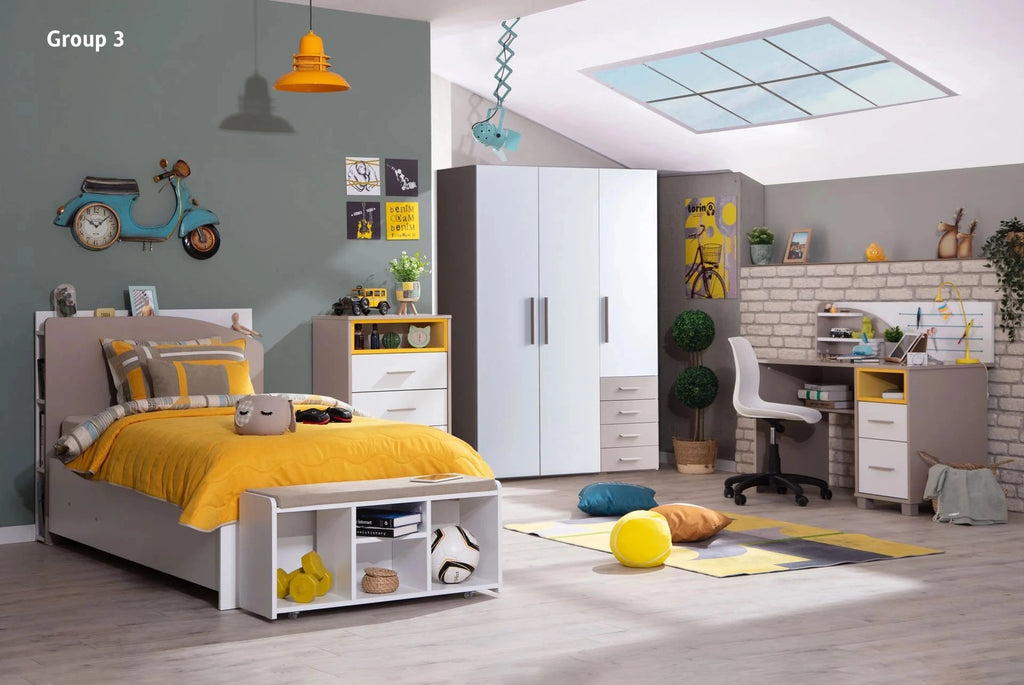 Modern children’s bedroom set Torino Set 3 with bed storage wardrobe dresser and desk