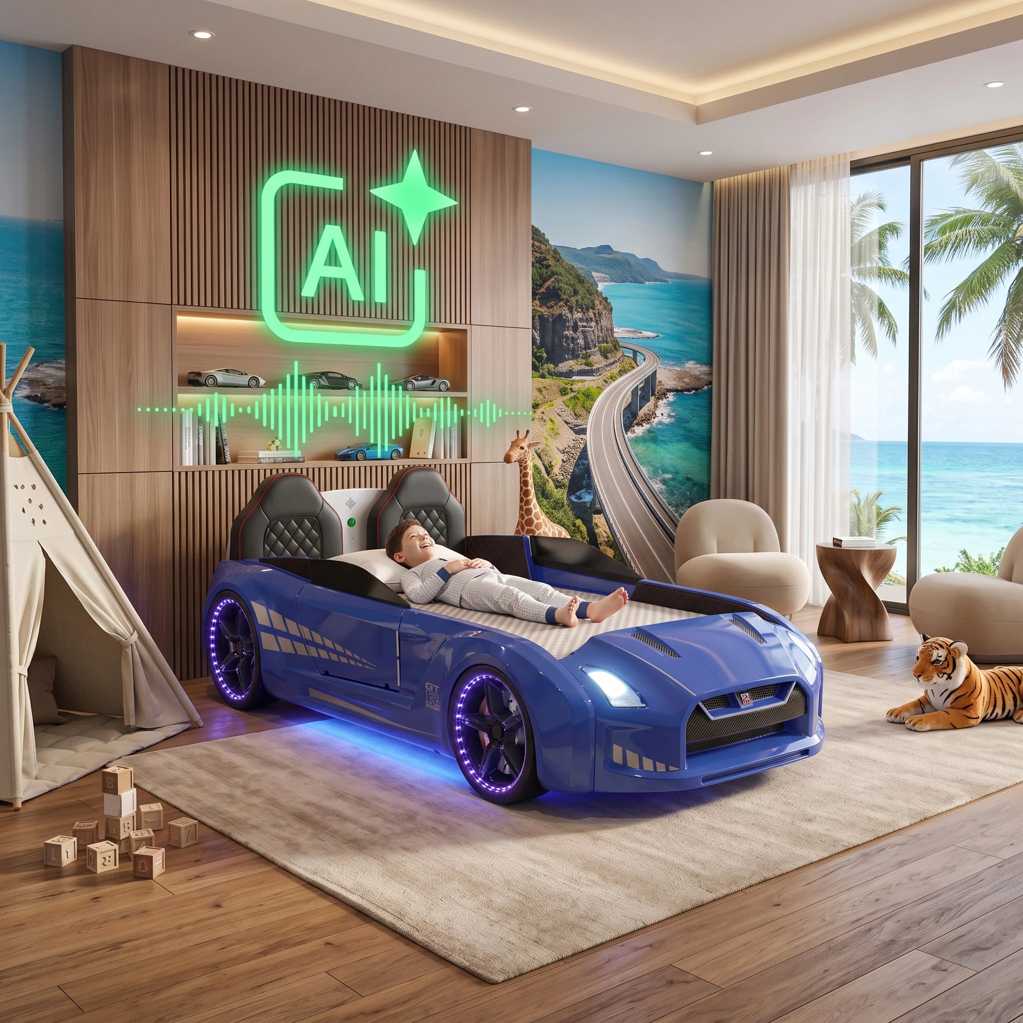 AI Genius GTR Racer Bed — Blue with illuminated headlights and wheels