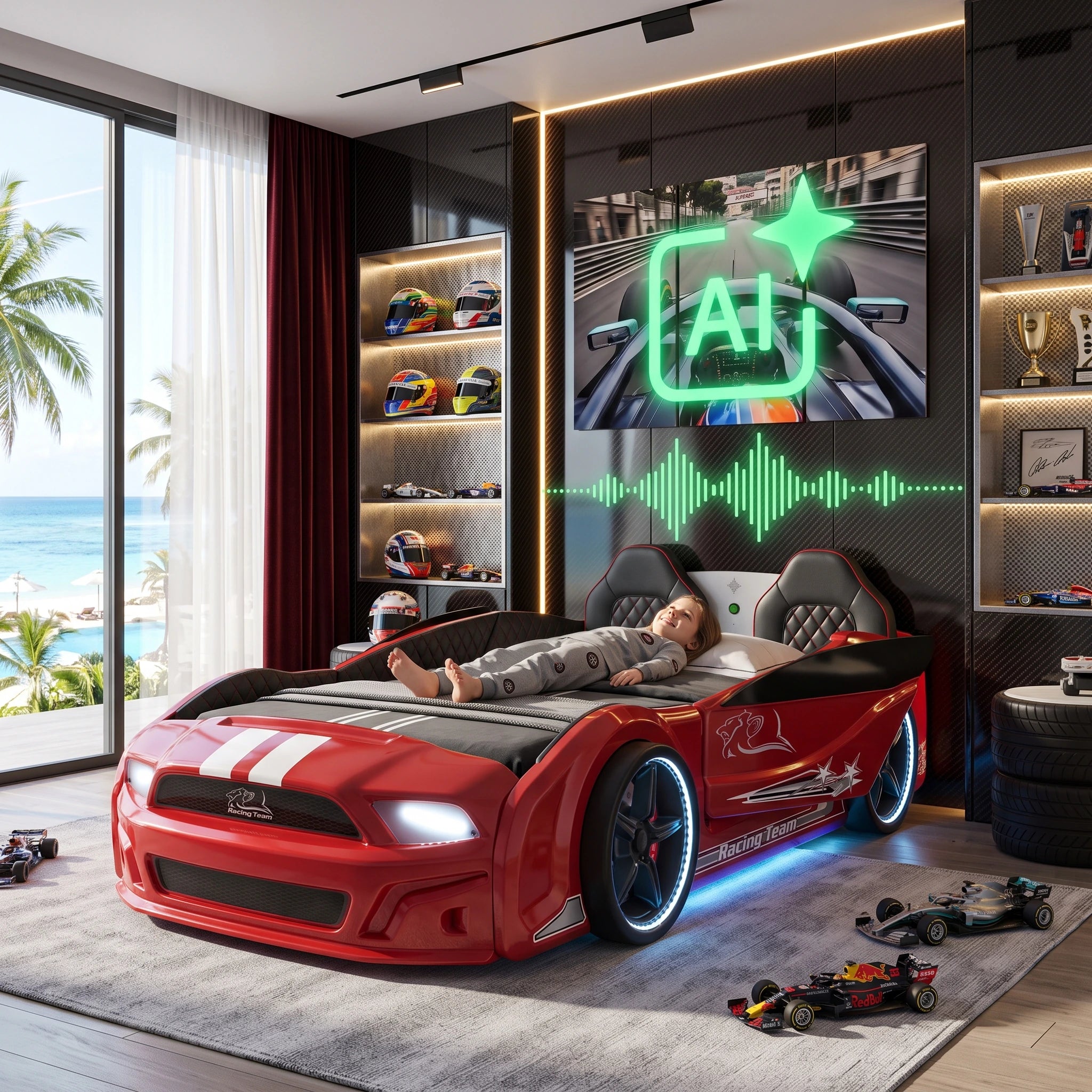 AI Genius Muscle Racer Bed — Red with ambient lighting and race-inspired styling