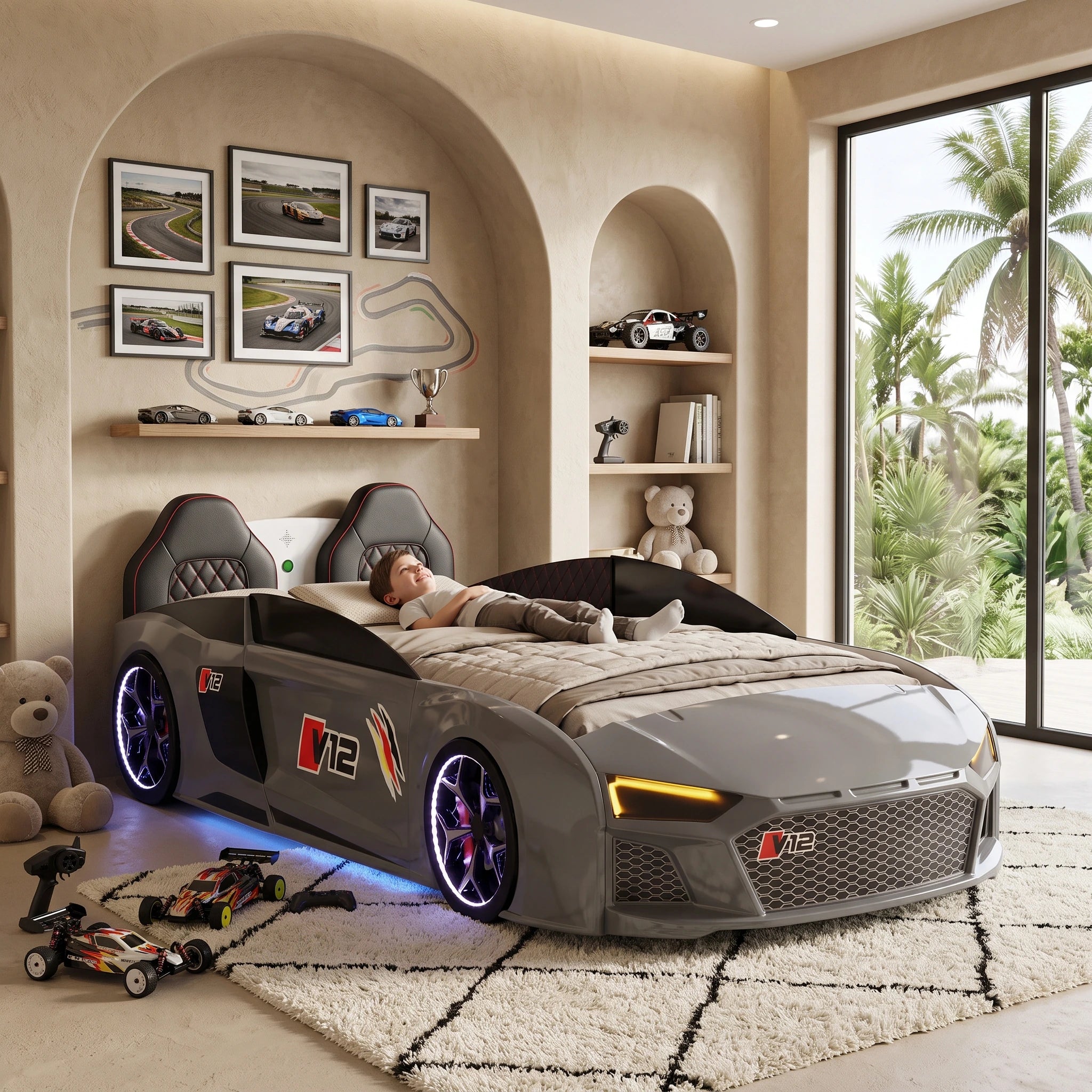 AI Genius V12 Racer Bed - Sleek Gray finish with integrated AI module