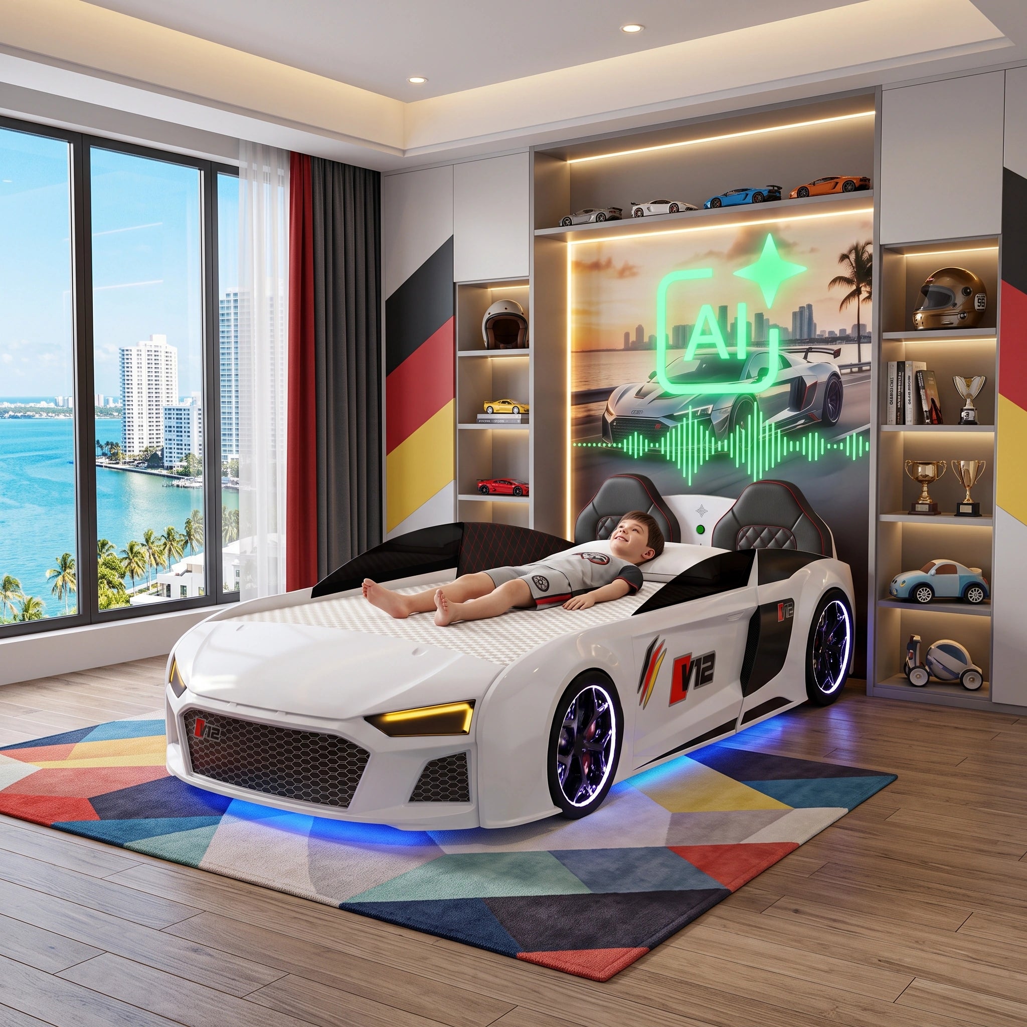 AI Genius V12 Racer Bed — White in modern bedroom setting
