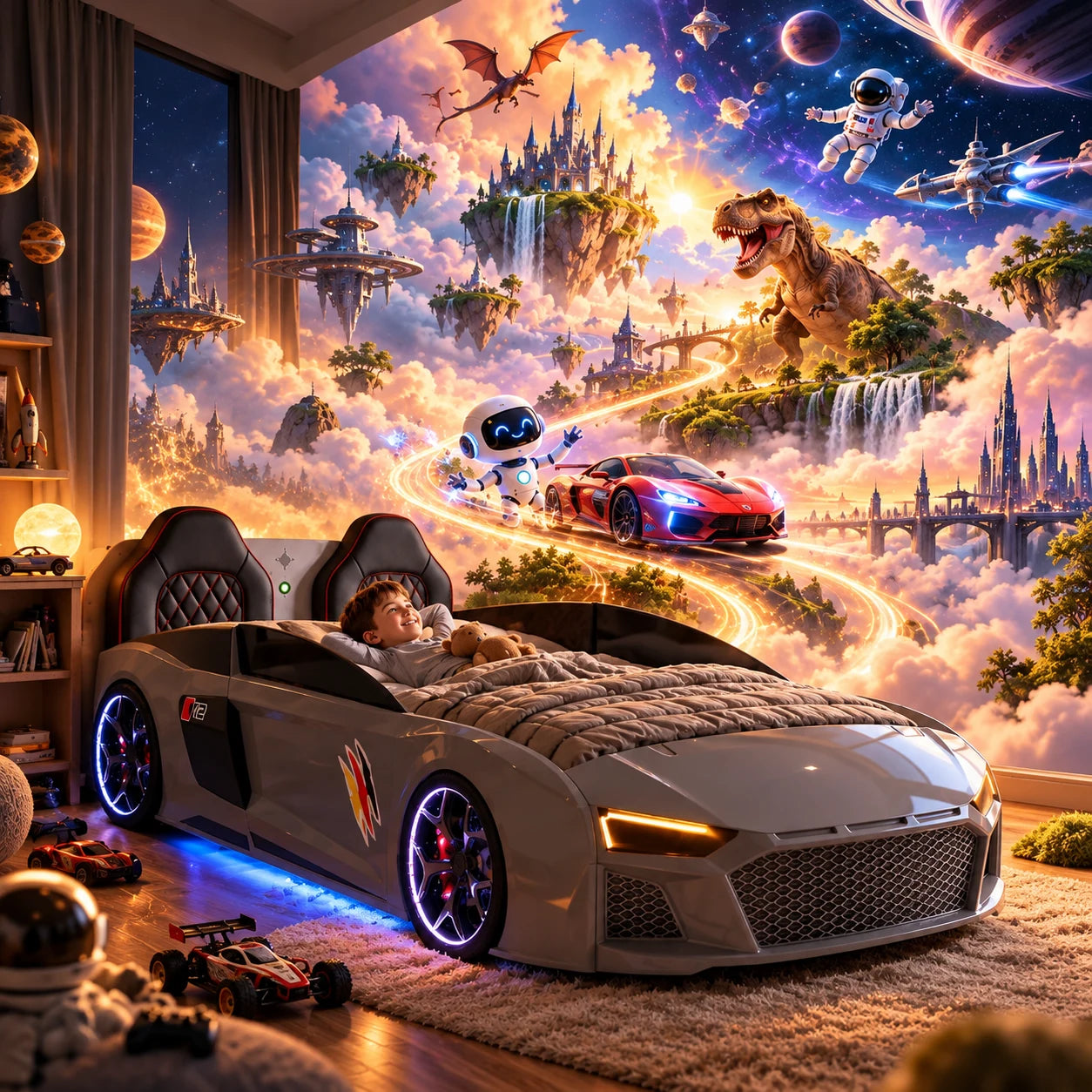 AI Genius Bed — Child relaxing with interactive stories and cosmic wonder